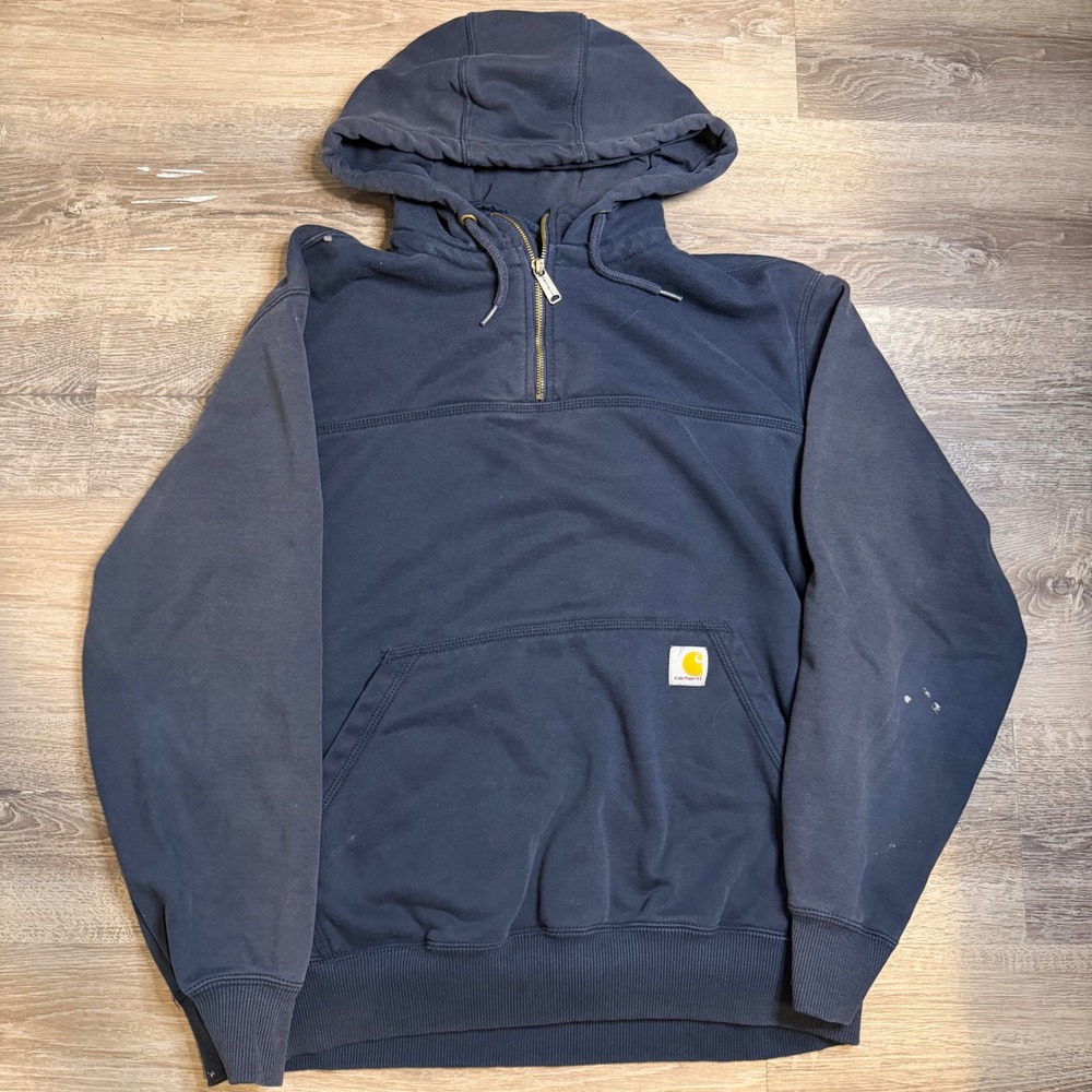 Carhartt Rain Defender Mens M Quarter Zip Hoodie Navy Blue Workwear Sweatshirt